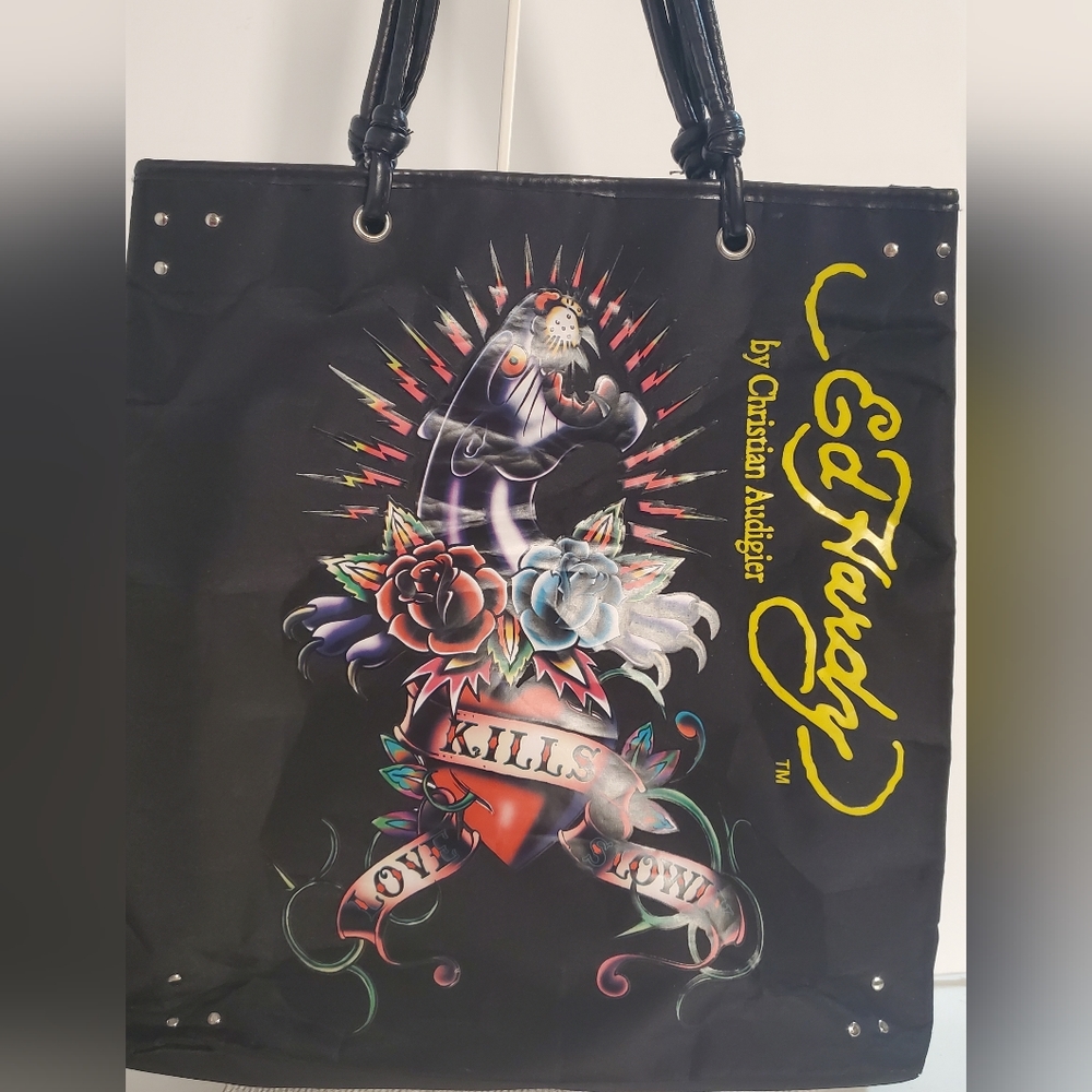 Ed Hardy Love Kills Slowly Tote Bag Purse Black Panther Roses. Vintage